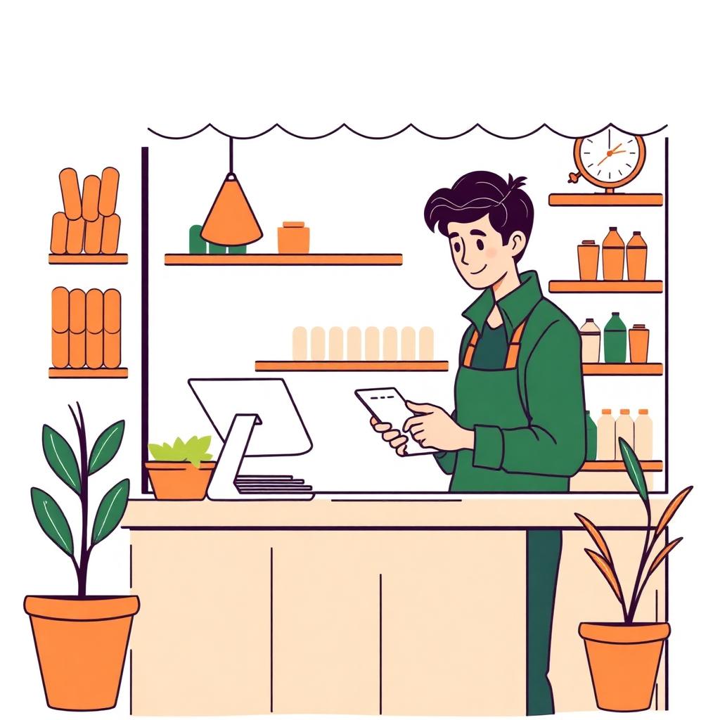 Un commerçant inscrit un client au comptoir avec une tablette